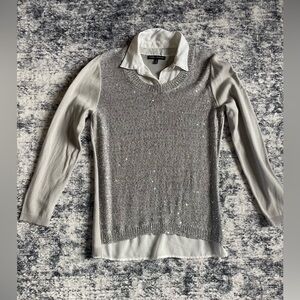 Silver Sequin Sweater with White Collar and shirt tail.
